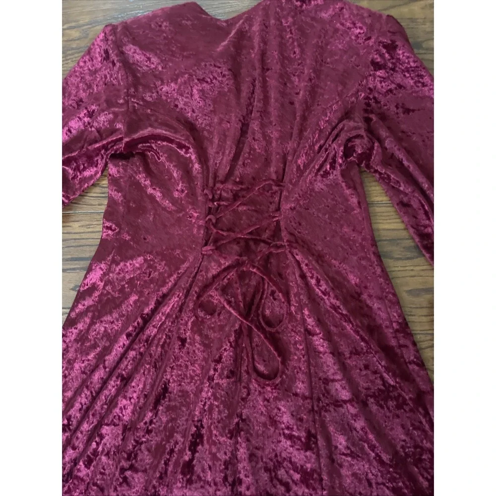 Vintage 90s Goth Bentley Red Crushed Velvet Tie Back Long Sleeve Midi Dress 8